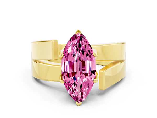 Yellow gold Modern Tension Set Marquise Cut Pink Sapphire Solitaire Wide Band Ring