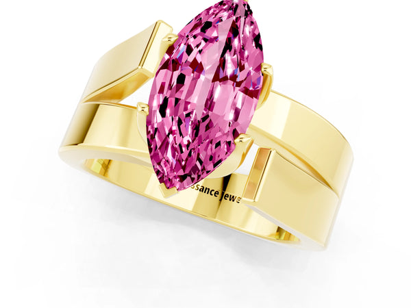 Yellow gold Modern Tension Set Marquise Cut Pink Sapphire Solitaire Wide Band Ring