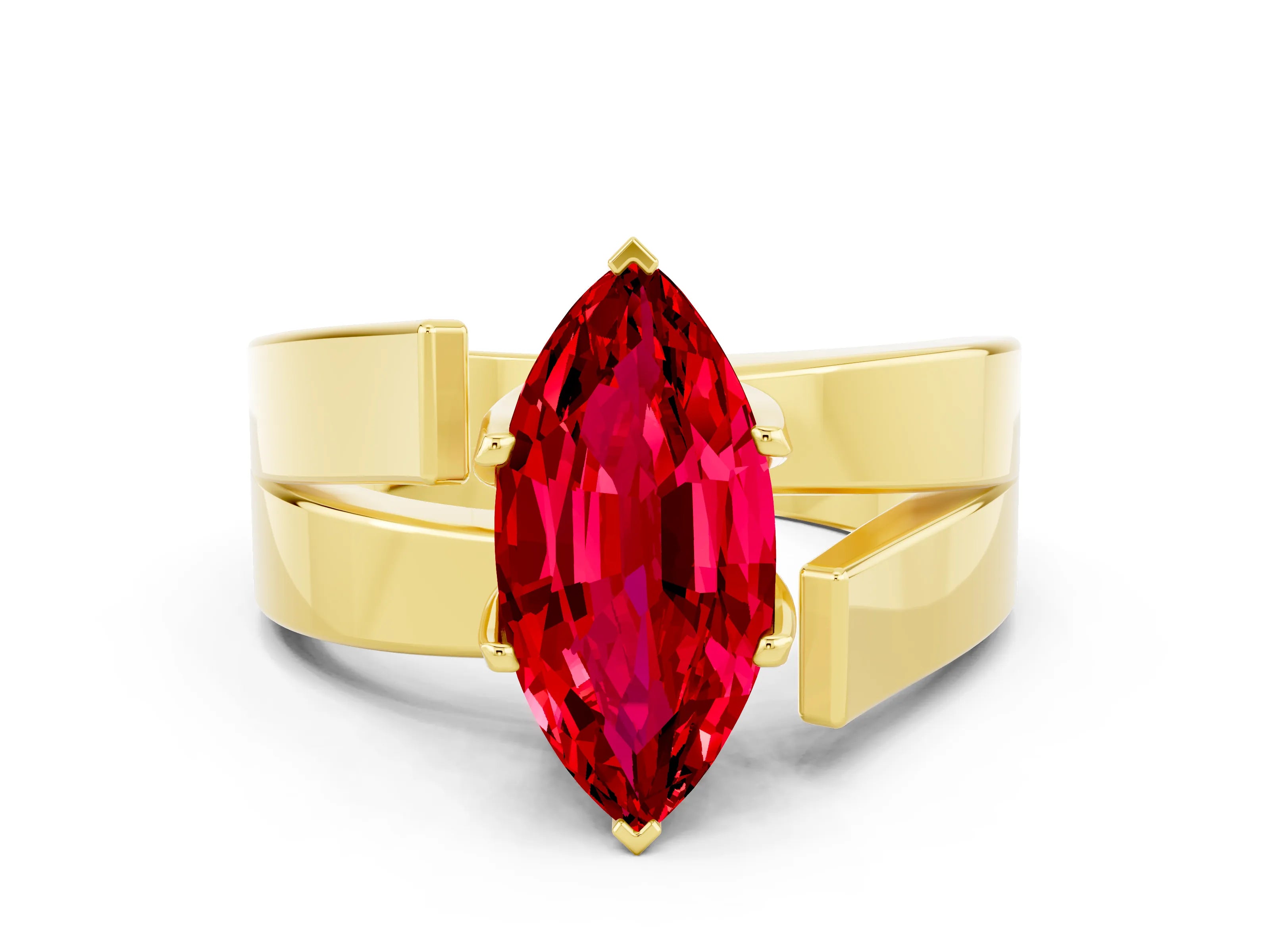 Yellow gold Modern Tension Set Marquise Cut Ruby Solitaire Wide Band Ring