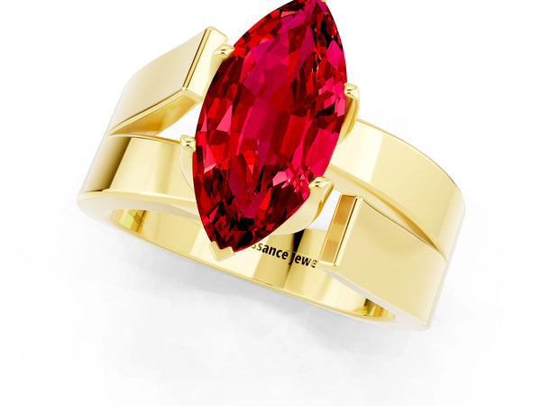 Yellow gold Modern Tension Set Marquise Cut Ruby Solitaire Wide Band Ring