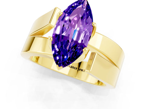 Yellow gold Modern Tension Set Marquise Cut Tanzanite Solitaire Wide Band Ring_1