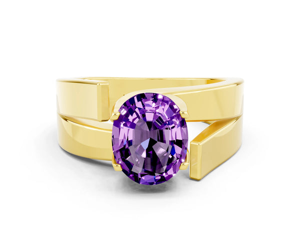 Yellow gold Modern Tension Set Oval Cut Amethyst Solitaire Wide Band Ring