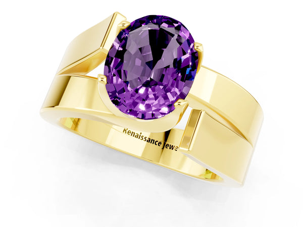 Yellow gold Modern Tension Set Oval Cut Amethyst Solitaire Wide Band Ring