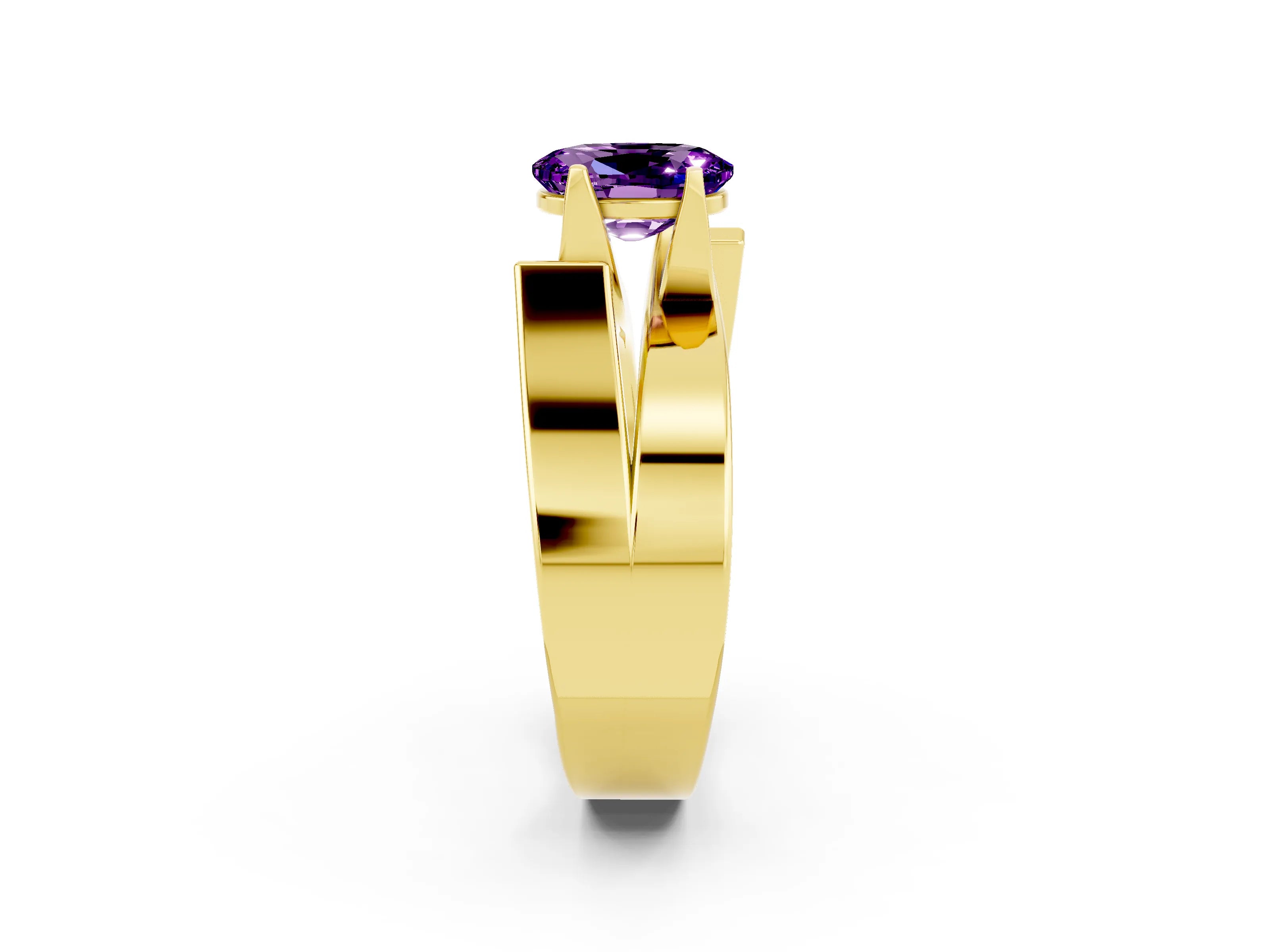 Yellow gold Modern Tension Set Oval Cut Amethyst Solitaire Wide Band Ring_2