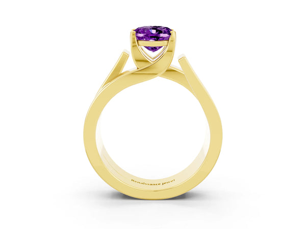 Yellow gold Modern Tension Set Oval Cut Amethyst Solitaire Wide Band Ring