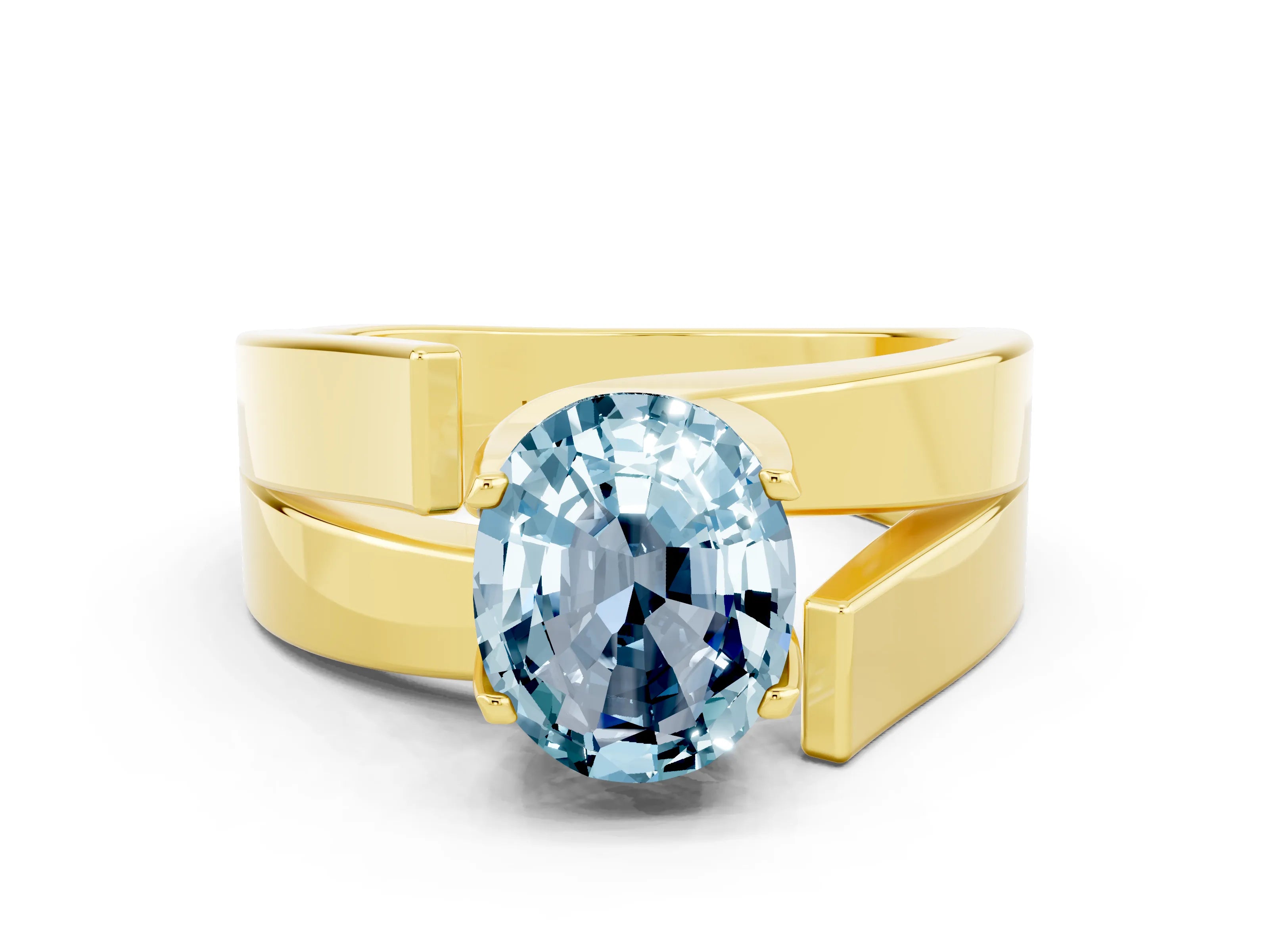 Yellow gold Modern Tension Set Oval Cut Aquamarine Solitaire Wide Band Ring