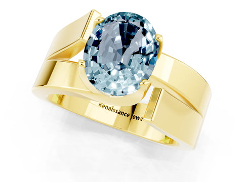 Yellow gold Modern Tension Set Oval Cut Aquamarine Solitaire Wide Band Ring_1
