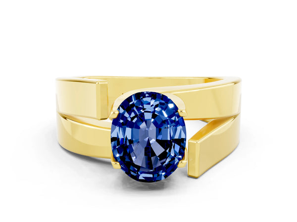 Yellow gold Modern Tension Set Oval Cut Blue Sapphire Solitaire Wide Band Ring