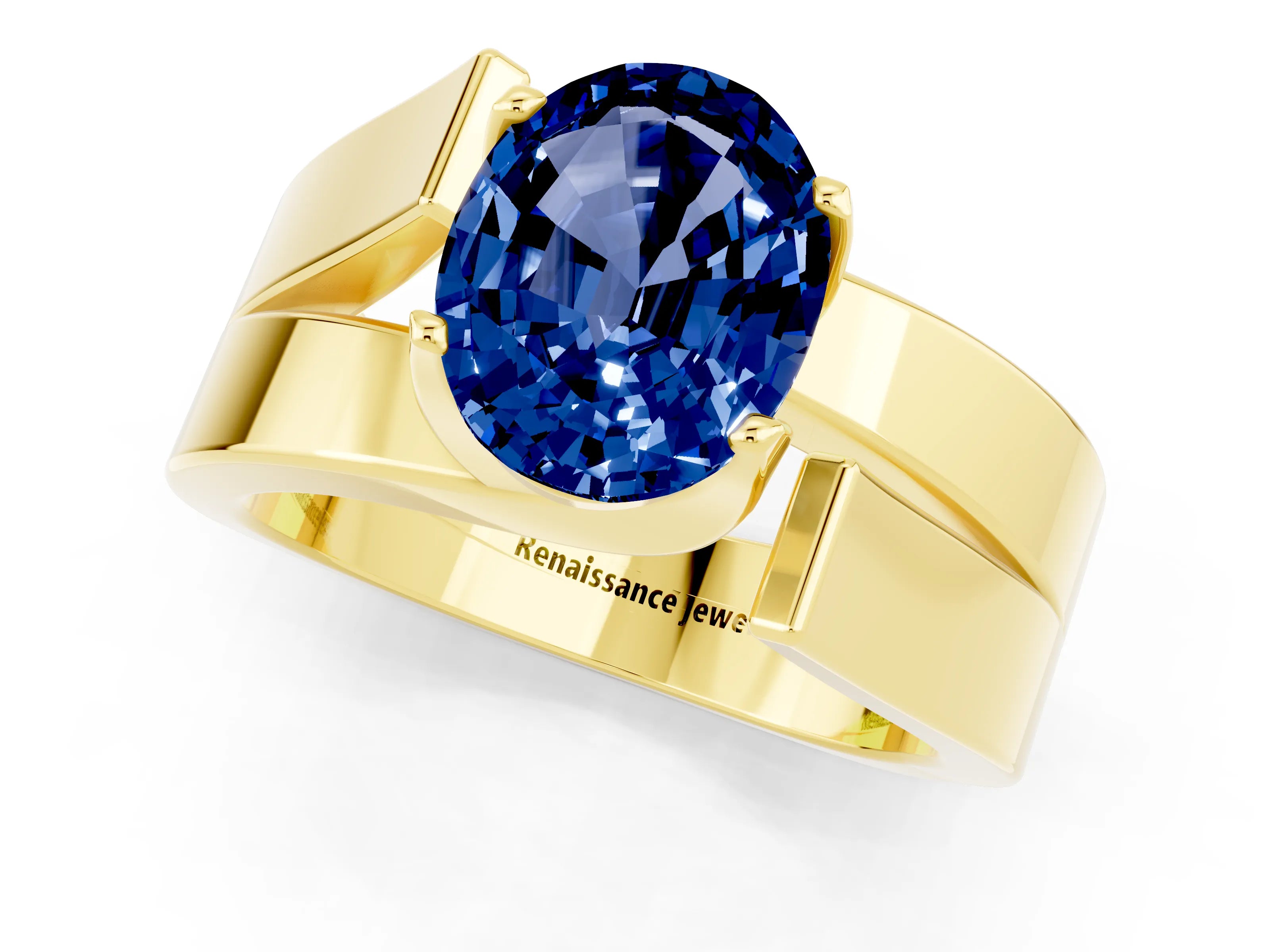 Yellow gold Modern Tension Set Oval Cut Blue Sapphire Solitaire Wide Band Ring_1