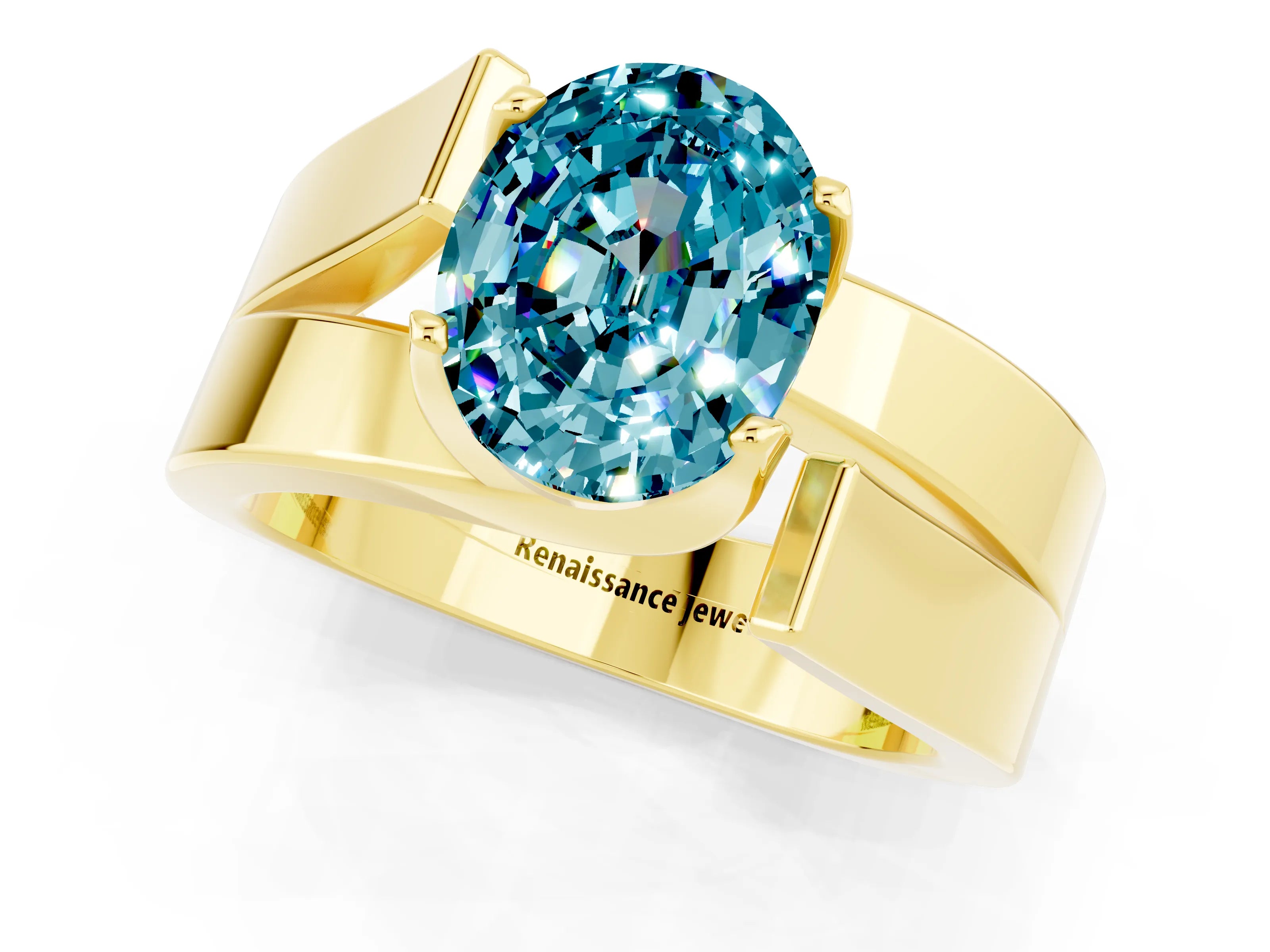 Yellow gold Modern Tension Set Oval Cut Blue Topaz Solitaire Wide Band Ring_1