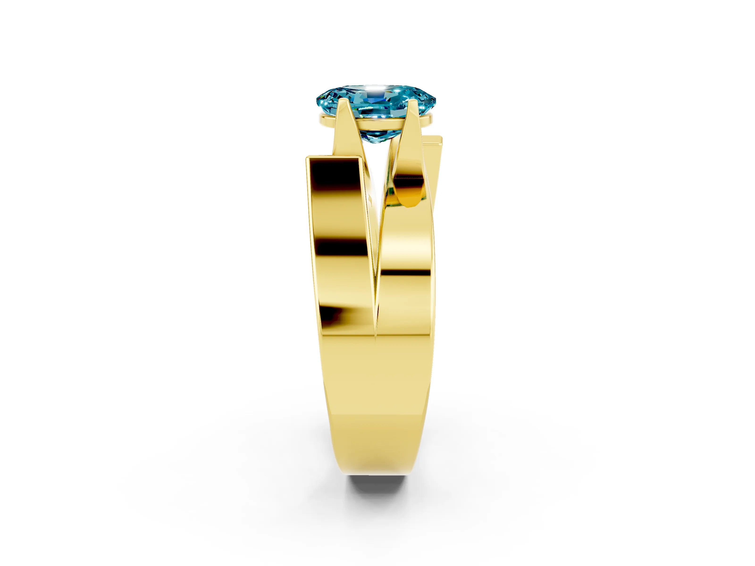Yellow gold Modern Tension Set Oval Cut Blue Topaz Solitaire Wide Band Ring_2