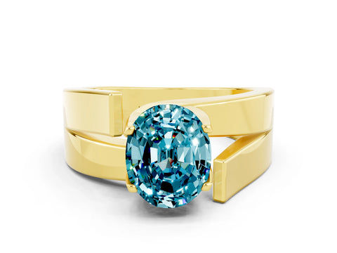 Yellow gold Modern Tension Set Oval Cut Blue Topaz Solitaire Wide Band Ring