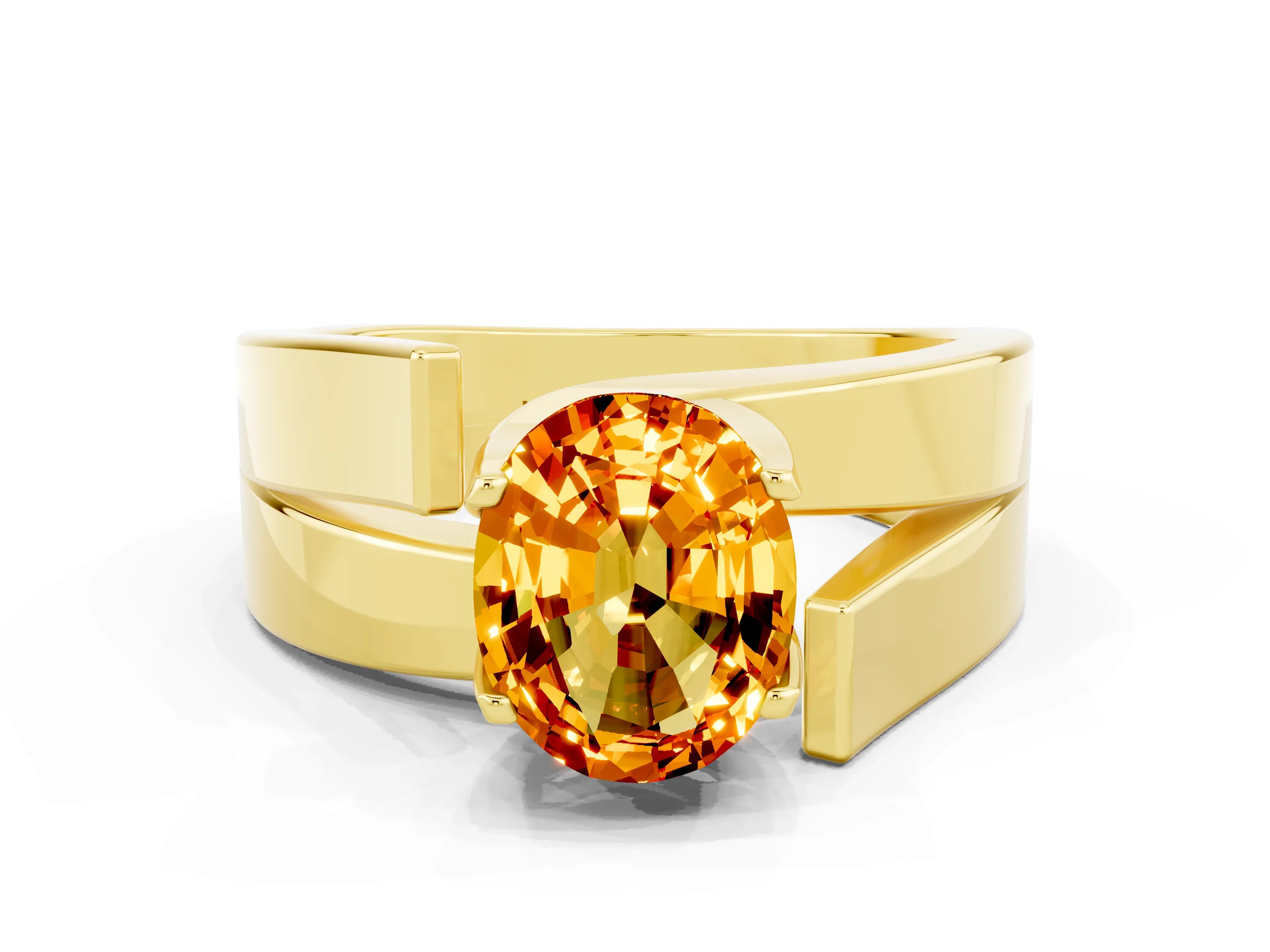 Yellow gold Modern Tension Set Oval Cut Citrine Solitaire Wide Band Ring