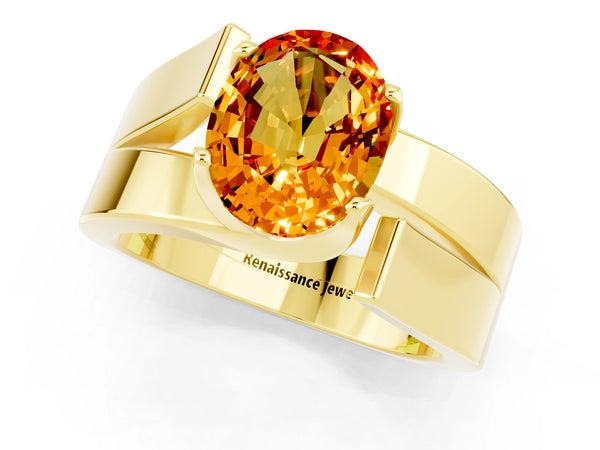 Yellow gold Modern Tension Set Oval Cut Citrine Solitaire Wide Band Ring