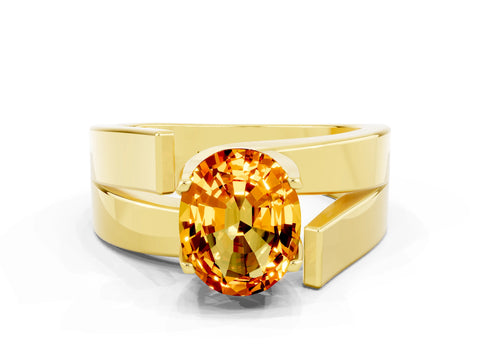 Yellow gold Modern Tension Set Oval Cut Citrine Solitaire Wide Band Ring