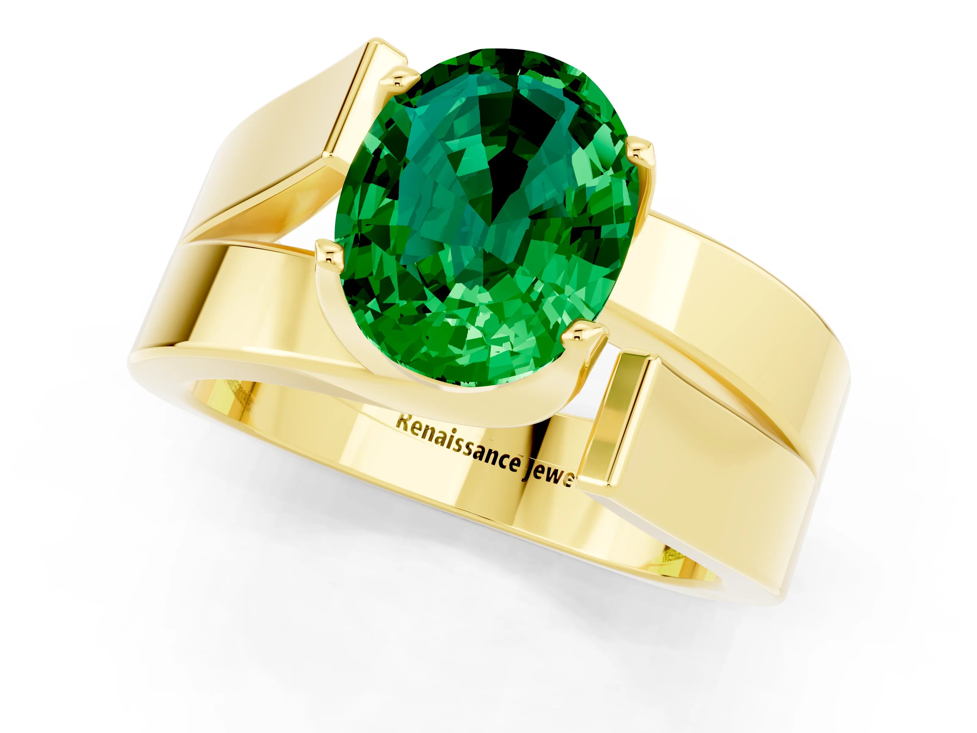Yellow gold Modern Tension Set Oval Cut Emerald Solitaire Wide Band Ring_1