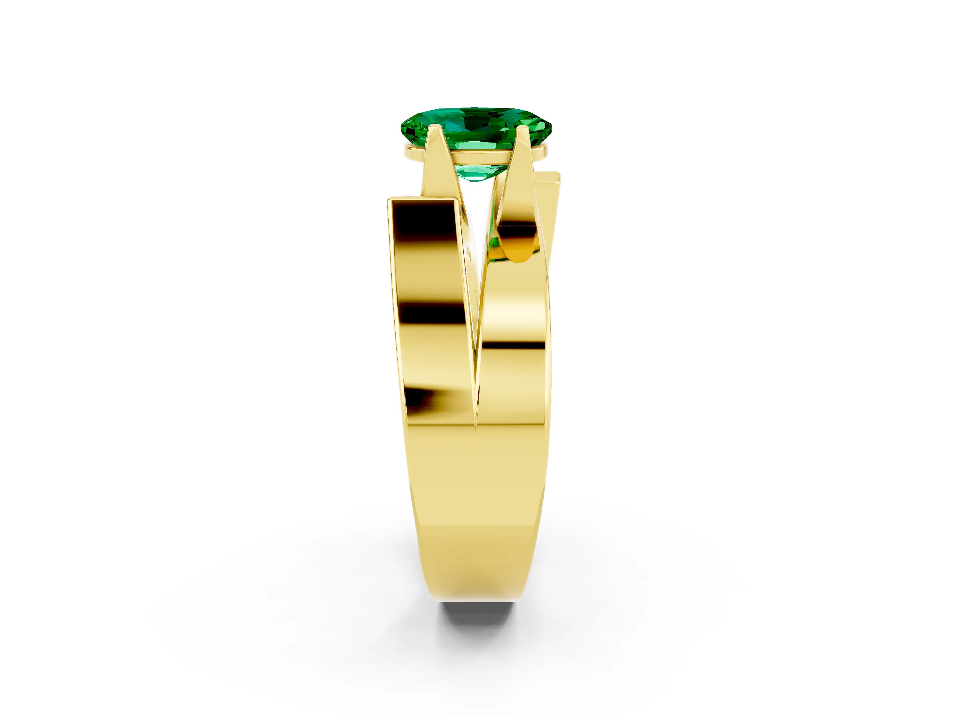 Yellow gold Modern Tension Set Oval Cut Emerald Solitaire Wide Band Ring_2
