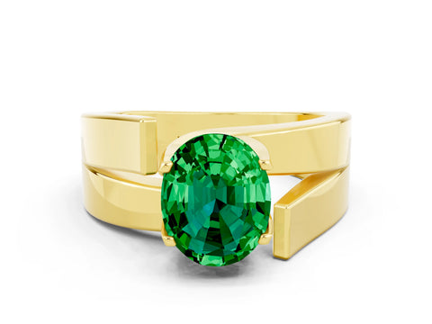 Yellow gold Modern Tension Set Oval Cut Emerald Solitaire Wide Band Ring