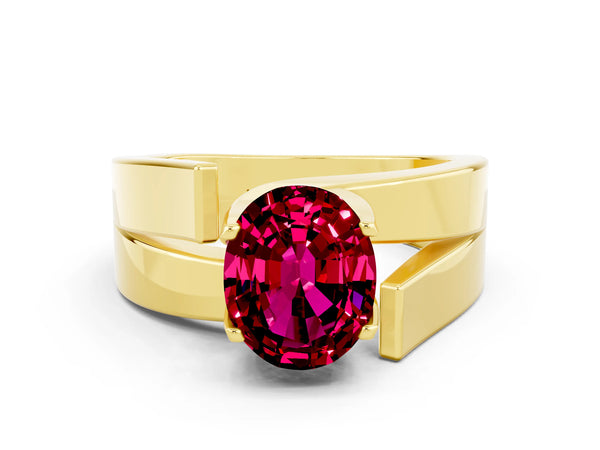 Yellow gold Modern Tension Set Oval Cut Garnet Solitaire Wide Band Ring