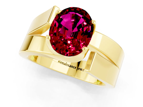 Yellow gold Modern Tension Set Oval Cut Garnet Solitaire Wide Band Ring