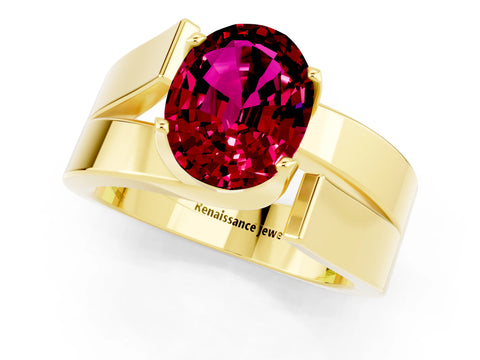 Yellow gold Modern Tension Set Oval Cut Garnet Solitaire Wide Band Ring_1