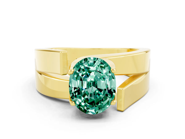 Yellow gold Modern Tension Set Oval Cut Green Sapphire Solitaire Wide Band Ring