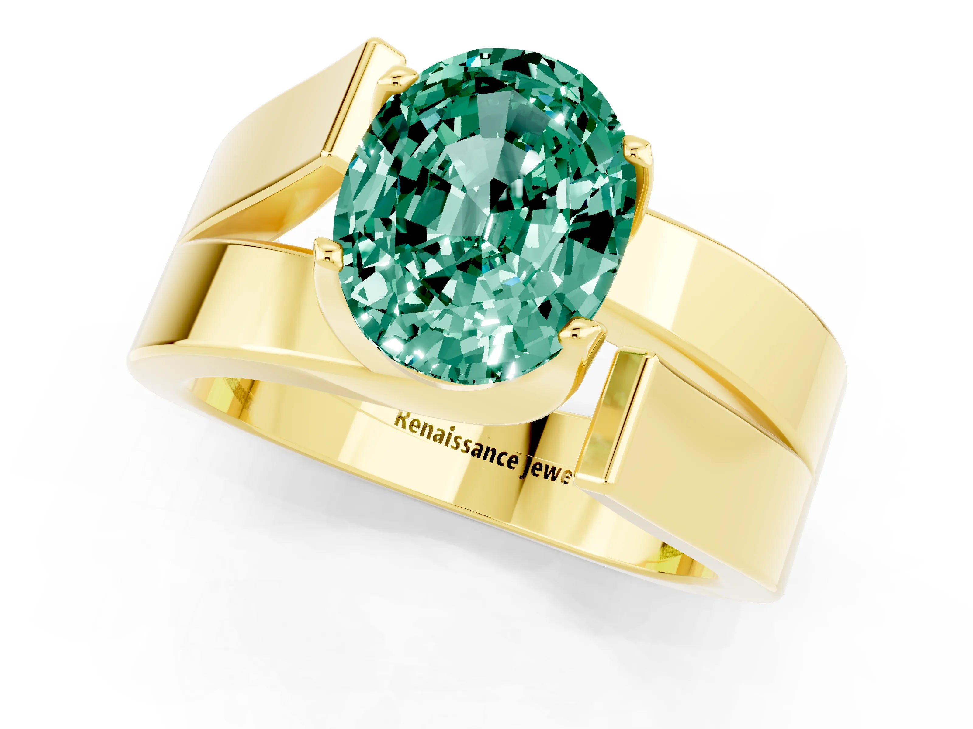 Yellow gold Modern Tension Set Oval Cut Green Sapphire Solitaire Wide Band Ring_1