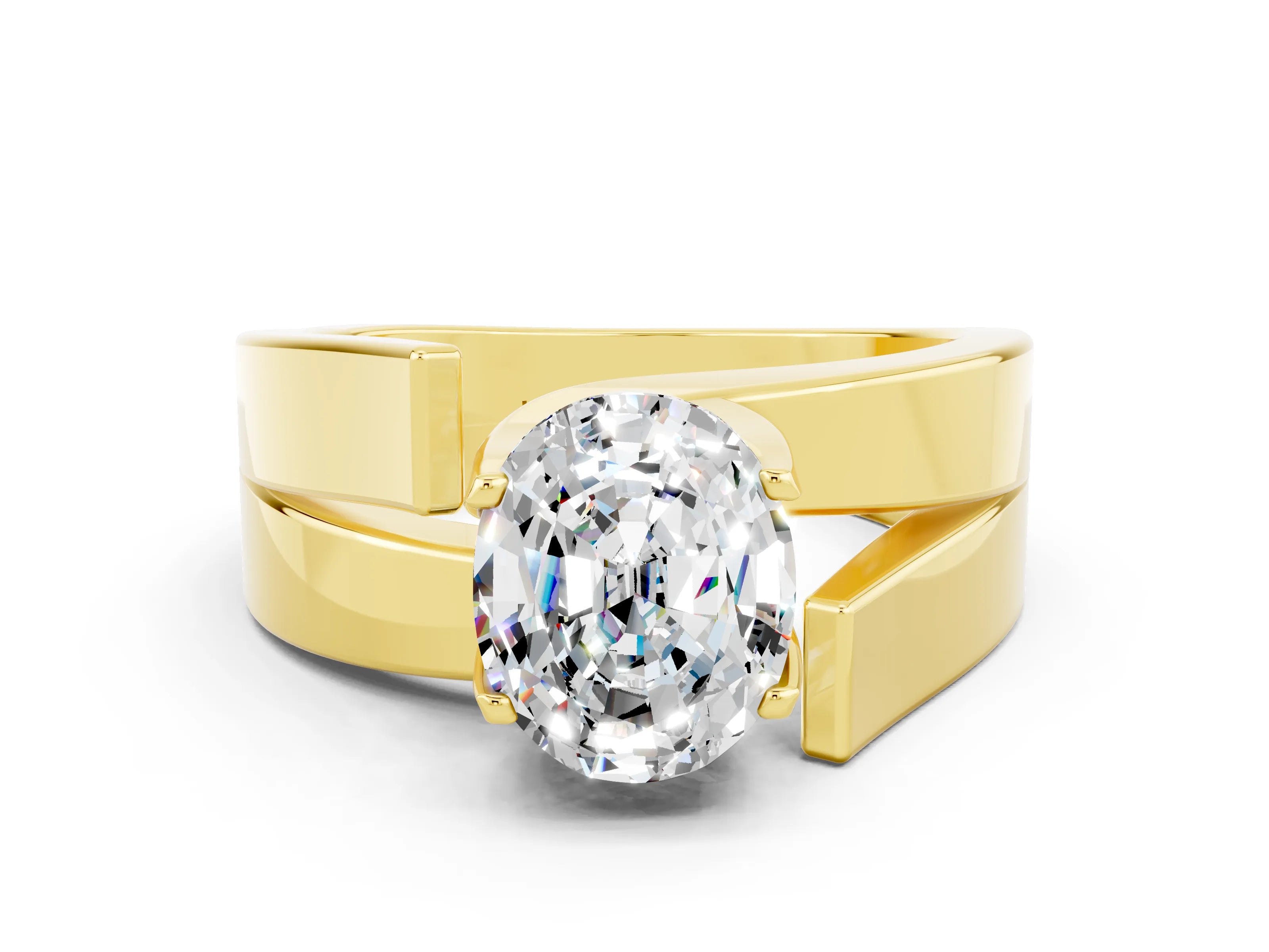 Yellow gold Modern Tension Set Oval Cut Moissanite Solitaire Wide Band Ring