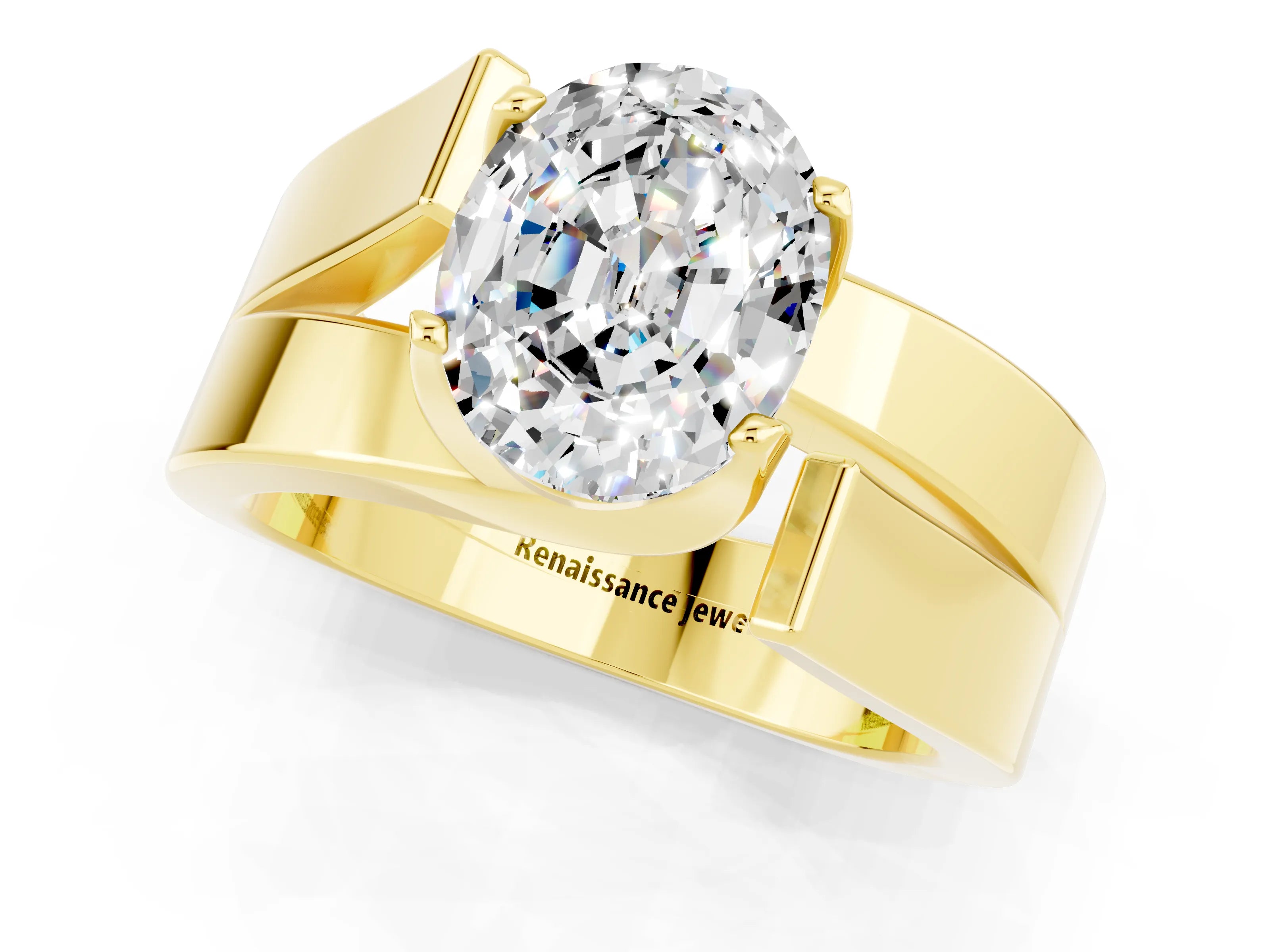 Yellow gold Modern Tension Set Oval Cut Moissanite Solitaire Wide Band Ring_1
