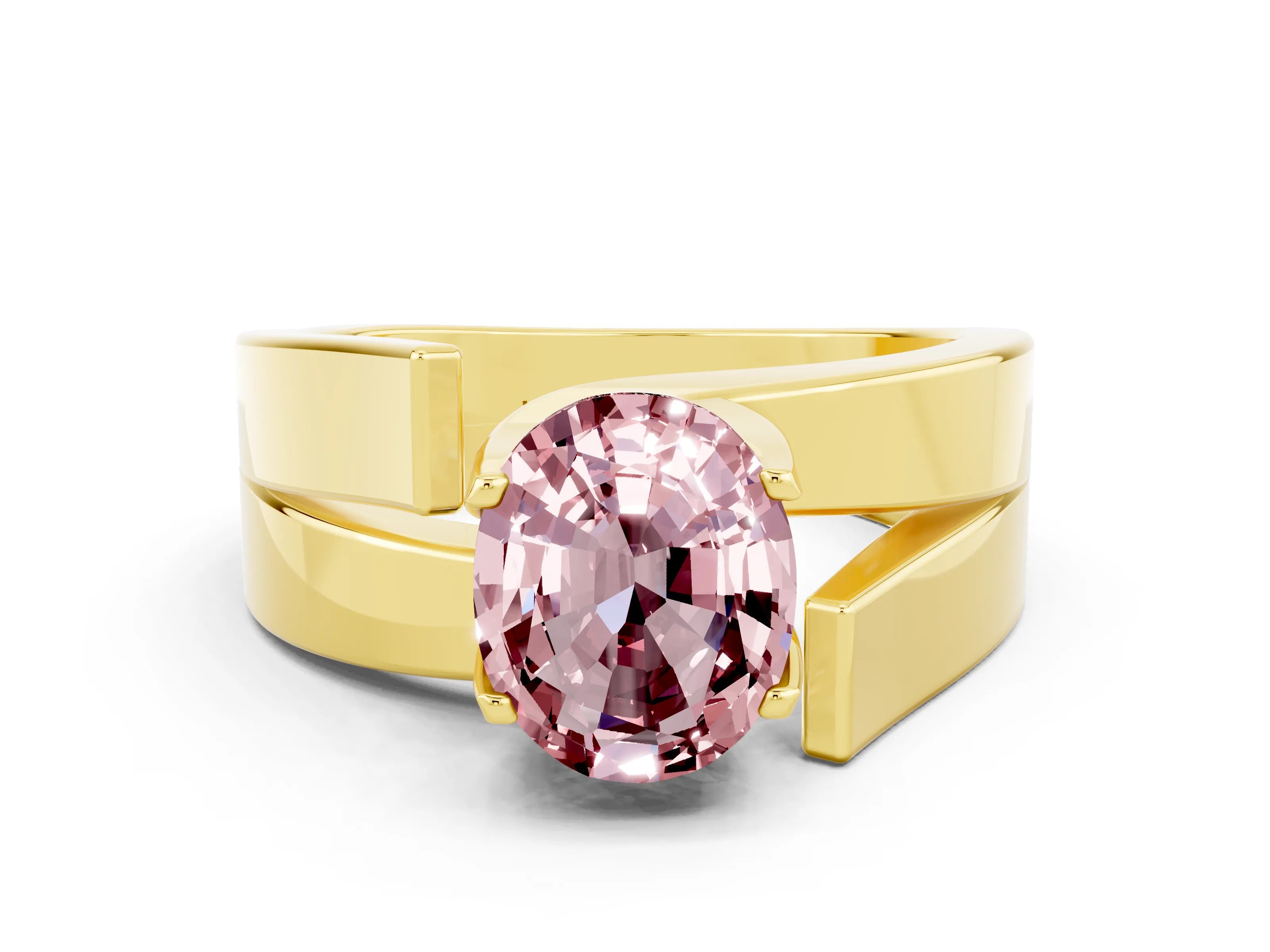Yellow gold Modern Tension Set Oval Cut Morganite Solitaire Wide Band Ring