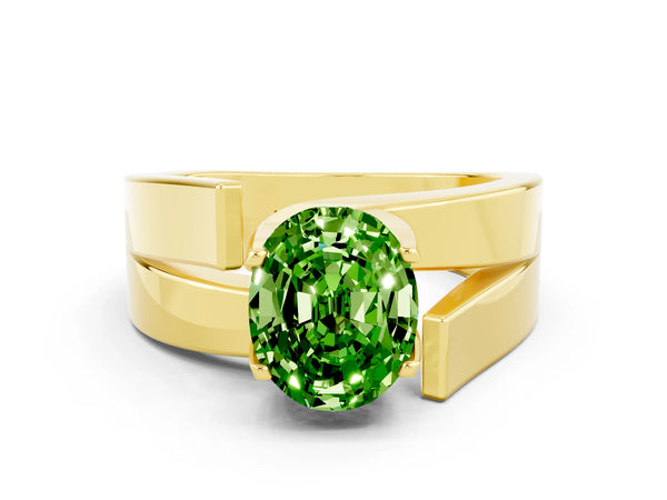 Yellow gold Modern Tension Set Oval Cut Peridot Solitaire Wide Band Ring