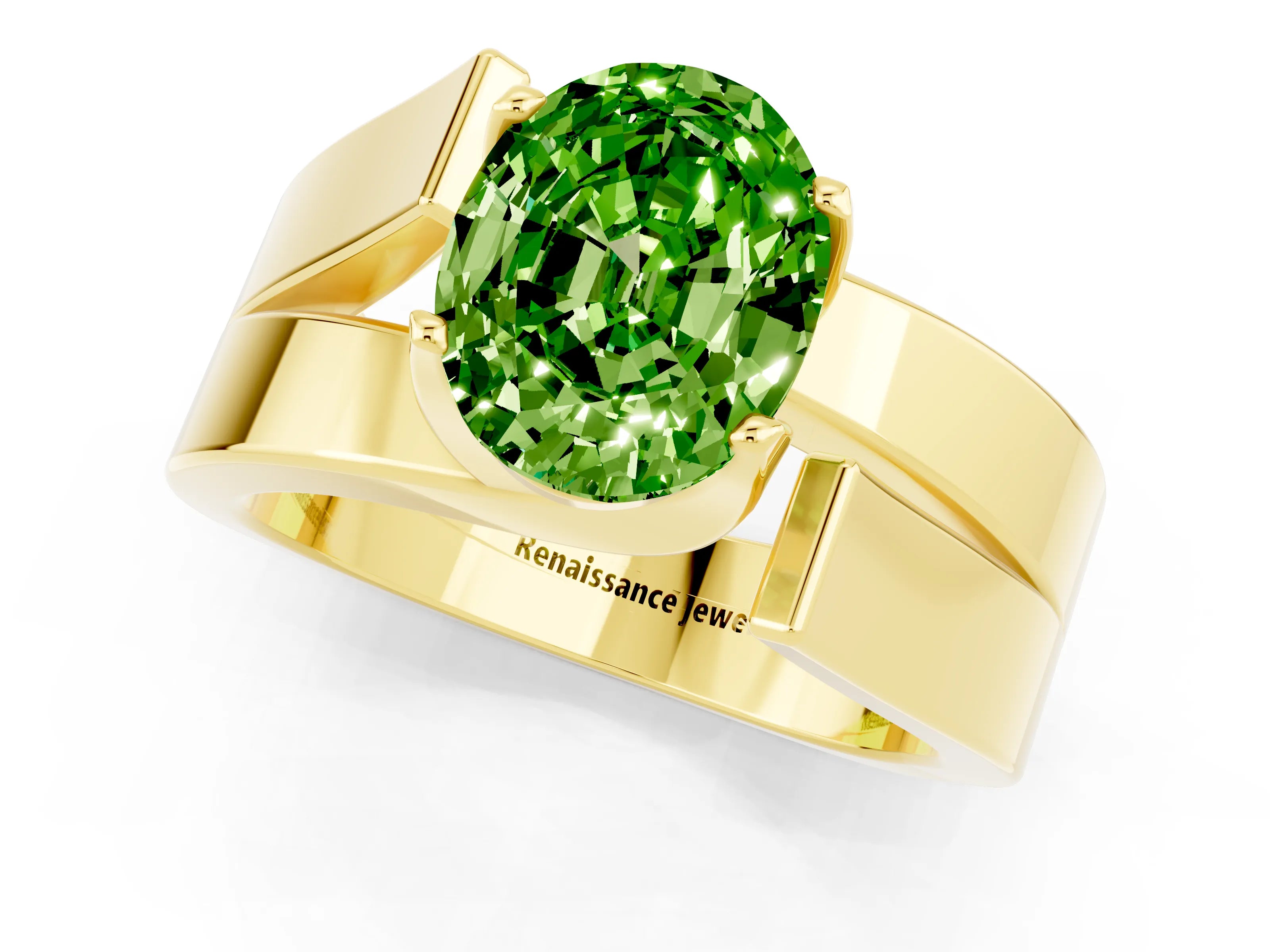 Yellow gold Modern Tension Set Oval Cut Peridot Solitaire Wide Band Ring_1