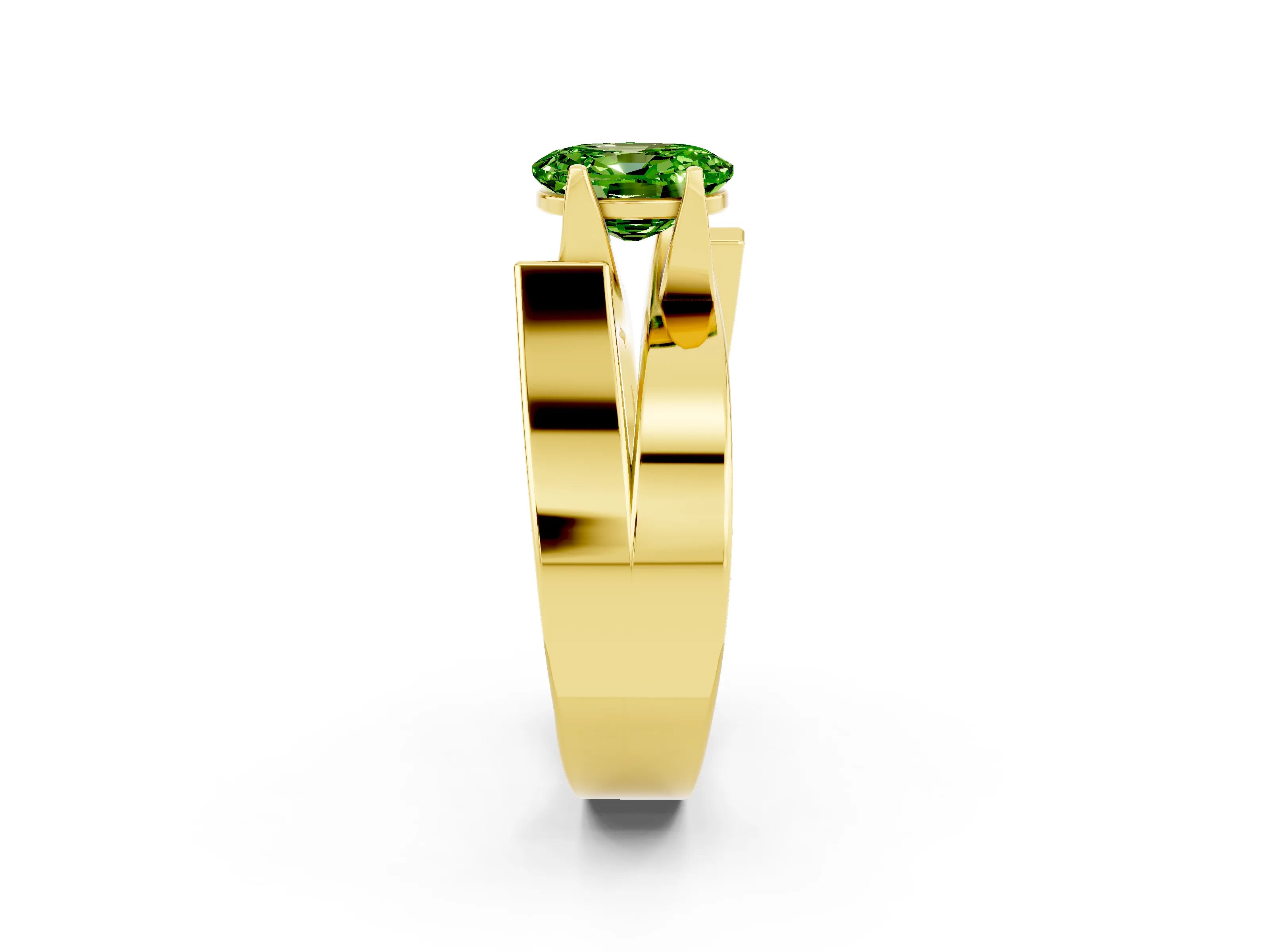 Yellow gold Modern Tension Set Oval Cut Peridot Solitaire Wide Band Ring_2