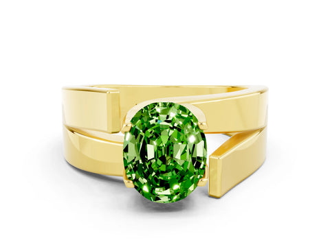 Yellow gold Modern Tension Set Oval Cut Peridot Solitaire Wide Band Ring