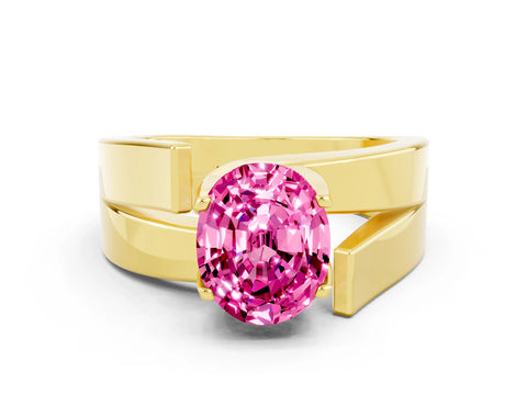 Yellow gold Modern Tension Set Oval Cut Pink Sapphire Solitaire Wide Band Ring_12