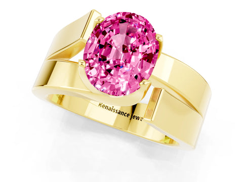 Yellow gold Modern Tension Set Oval Cut Pink Sapphire Solitaire Wide Band Ring_13