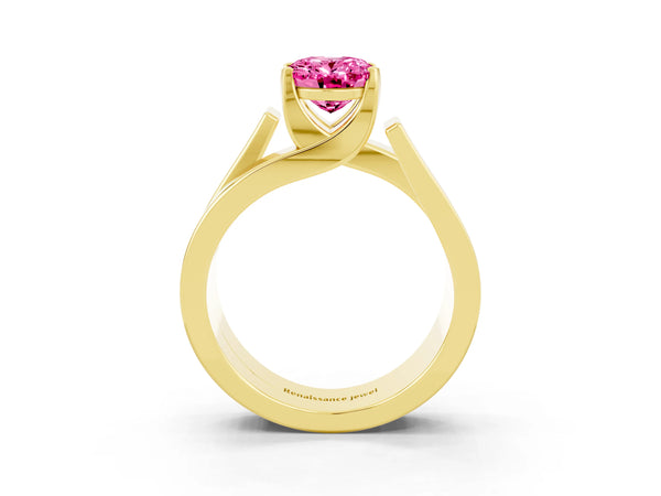 Yellow gold Modern Tension Set Oval Cut Pink Sapphire Solitaire Wide Band Ring