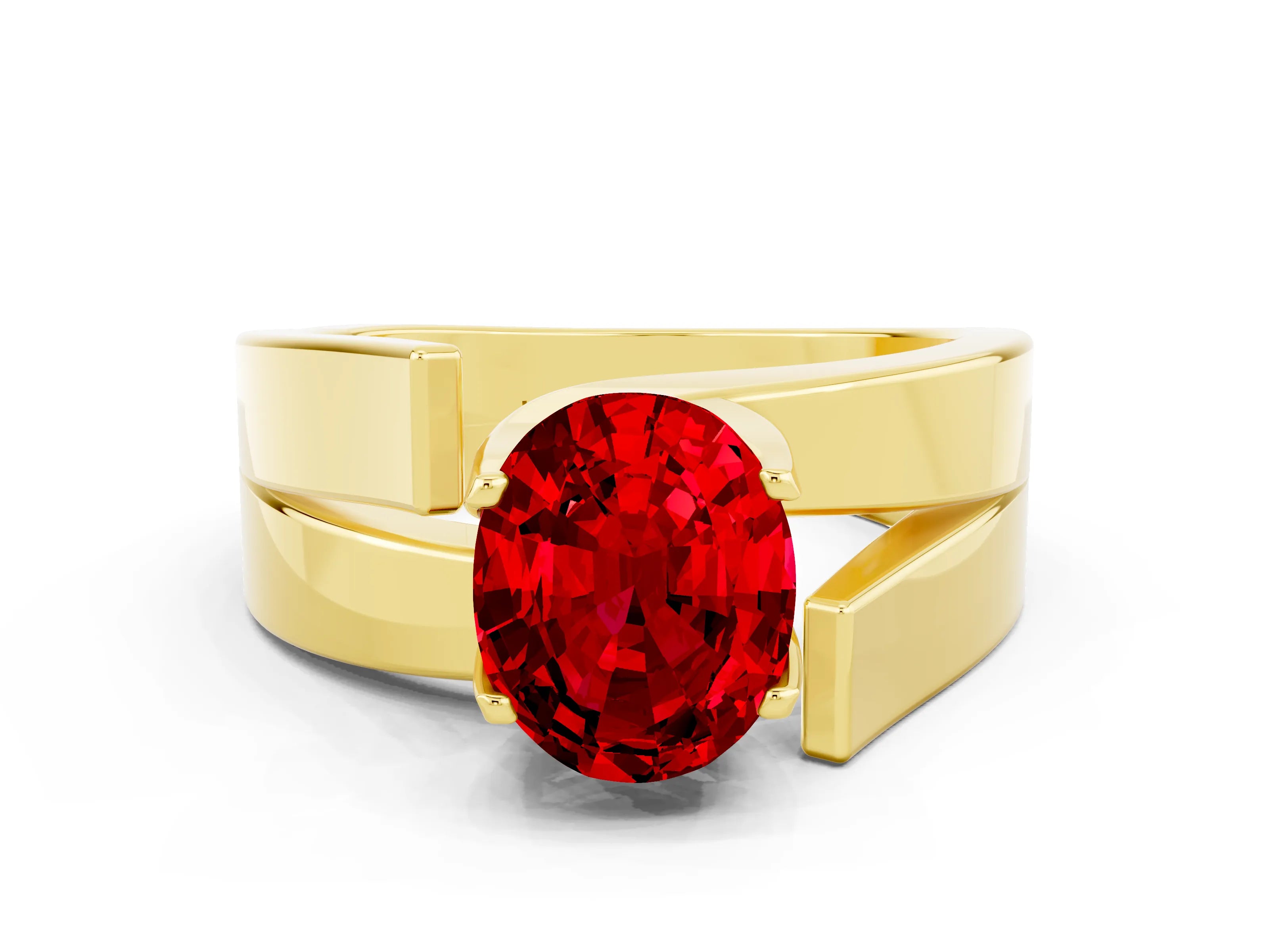 Yellow gold Modern Tension Set Oval Cut Ruby Solitaire Wide Band Ring