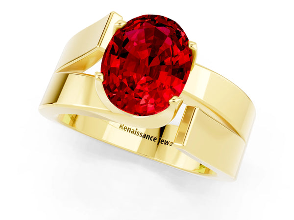 Yellow gold Modern Tension Set Oval Cut Ruby Solitaire Wide Band Ring