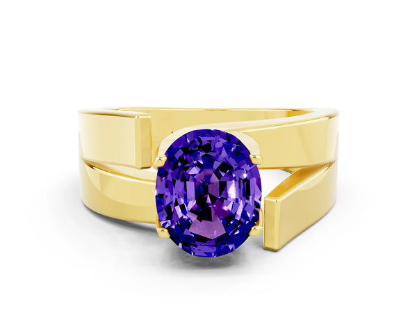 Yellow gold Modern Tension Set Oval Cut Tanzanite Solitaire Wide Band Ring