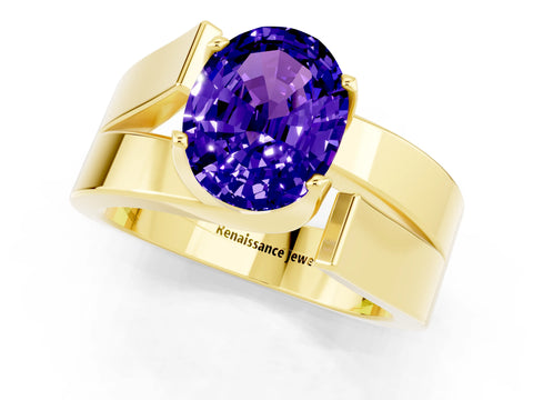 Yellow gold Modern Tension Set Oval Cut Tanzanite Solitaire Wide Band Ring_1