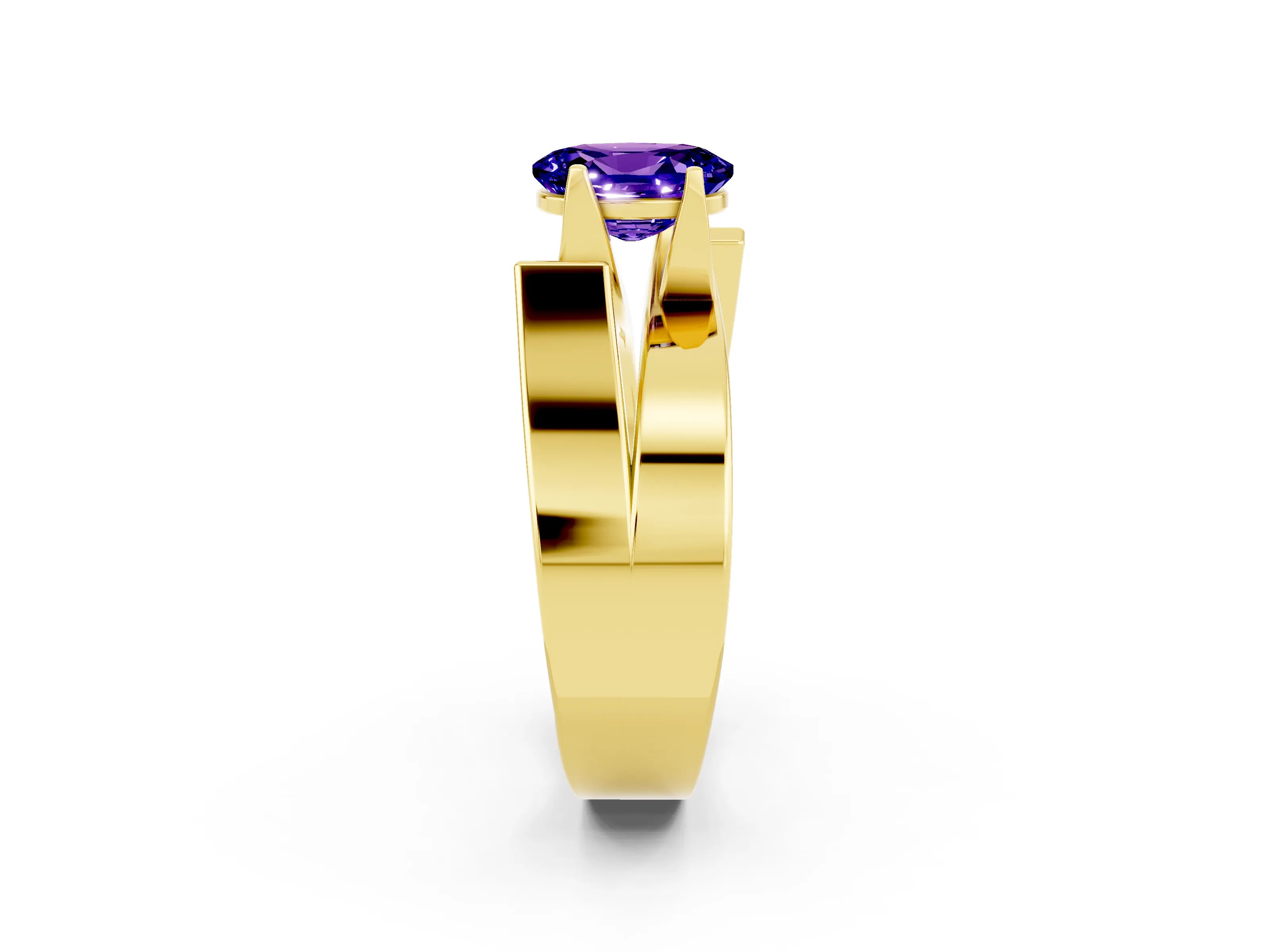 Yellow gold Modern Tension Set Oval Cut Tanzanite Solitaire Wide Band Ring_2