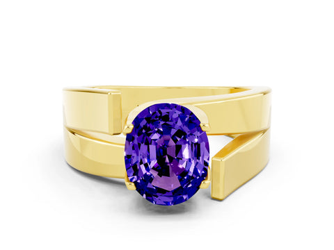 Yellow gold Modern Tension Set Oval Cut Tanzanite Solitaire Wide Band Ring