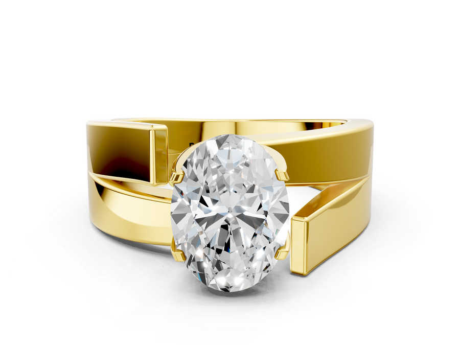 Yellow gold Modern Tension Set Oval Cut Diamond Solitaire Wide Band Ring