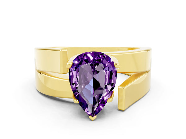 Yellow gold Modern Tension Set Pear Cut Amethyst Solitaire Wide Band Ring