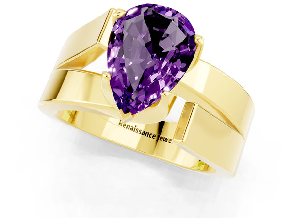 Yellow gold Modern Tension Set Pear Cut Amethyst Solitaire Wide Band Ring