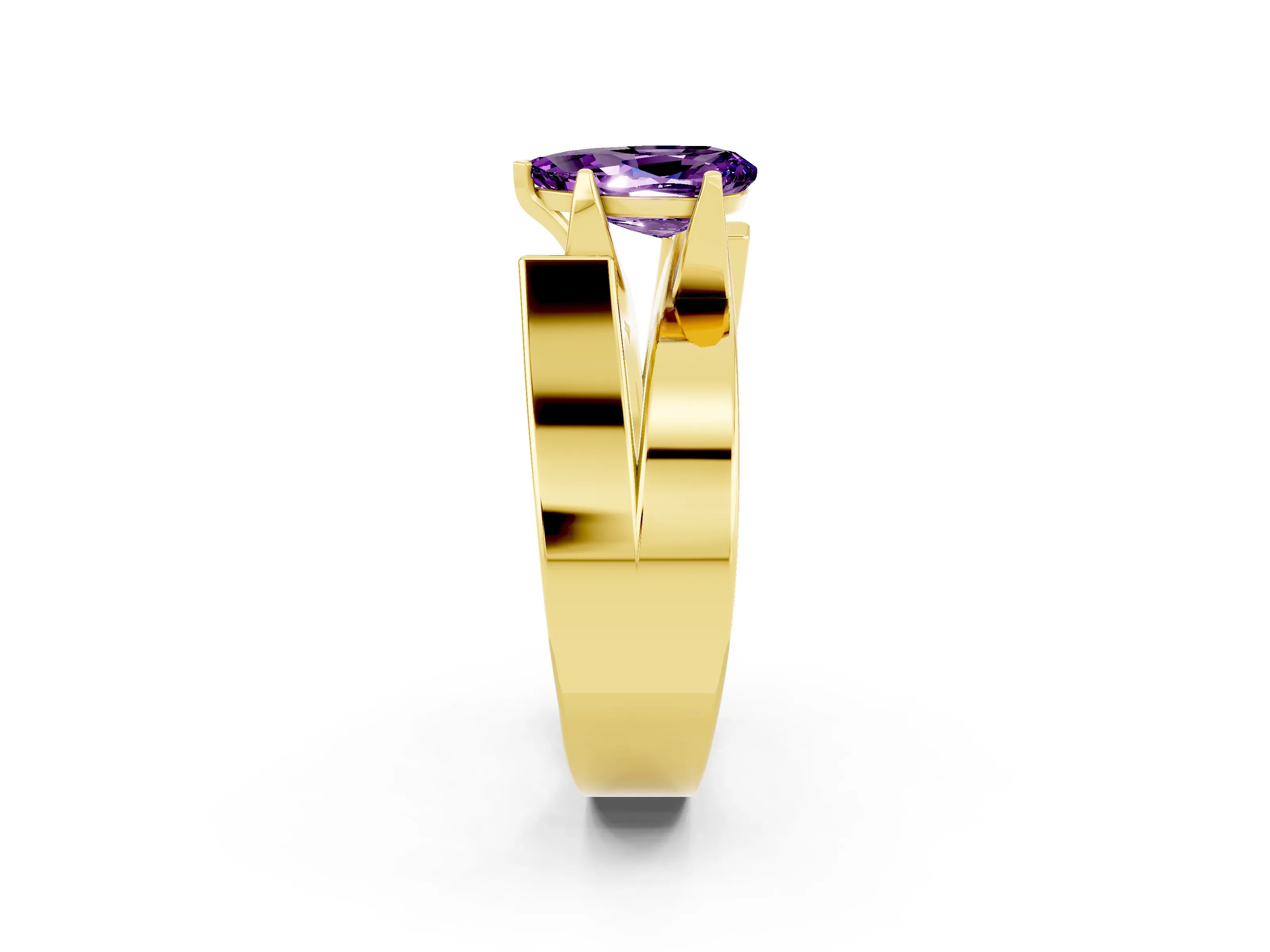 Yellow gold Modern Tension Set Pear Cut Amethyst Solitaire Wide Band Ring_2