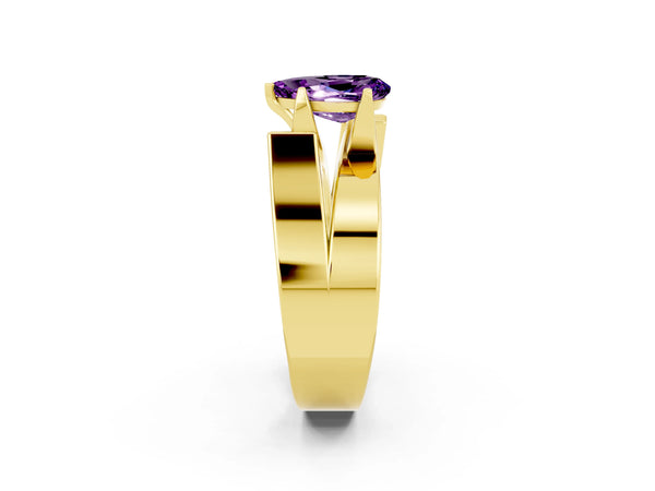 Yellow gold Modern Tension Set Pear Cut Amethyst Solitaire Wide Band Ring