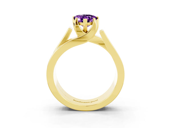 Yellow gold Modern Tension Set Pear Cut Amethyst Solitaire Wide Band Ring