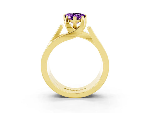 Yellow gold Modern Tension Set Pear Cut Amethyst Solitaire Wide Band Ring_3